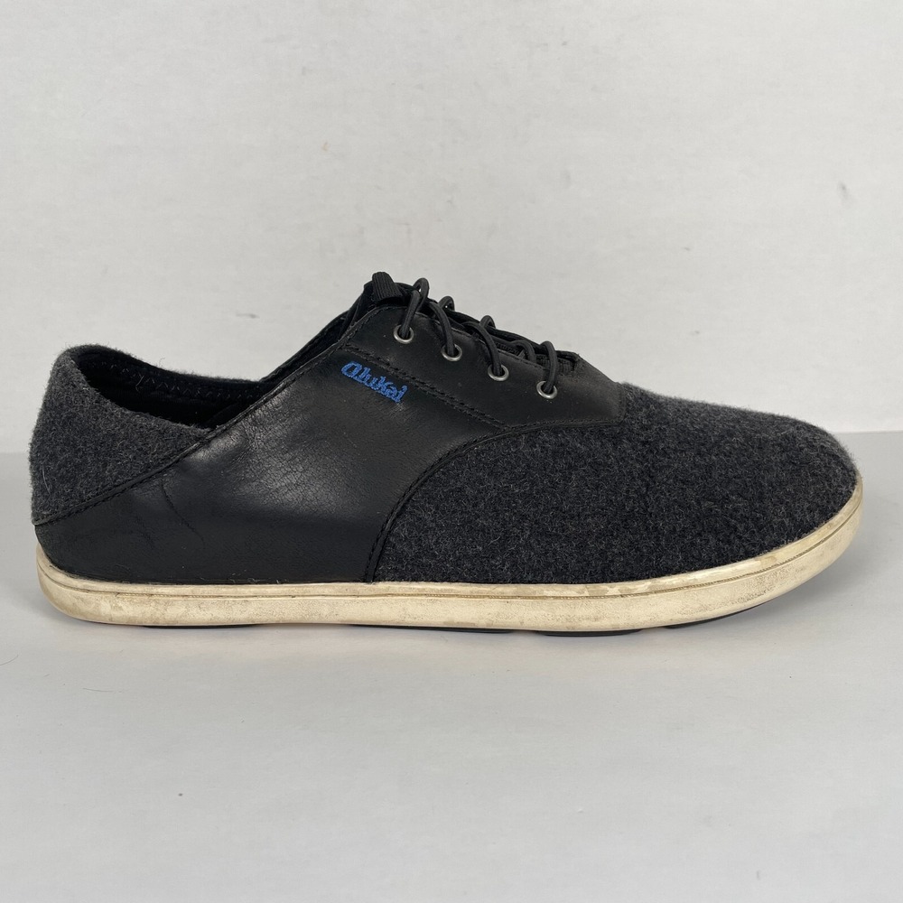 Olukai Nohea Moku Hulu Shoes Mens Size 8 Black Gray Leather Wool Slip On Sneaker